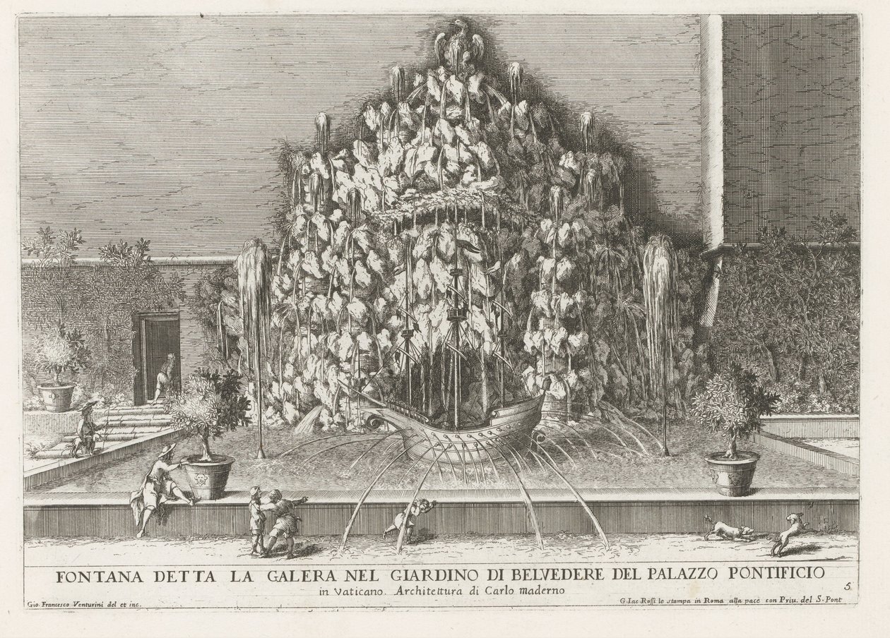 Fontana della Galera in de Vaticaanse tuinen Papalık Sarayı'nın Belvedere bahçesinde kadırga olarak bilinen Çeşme (...) (nesne üzerindeki başlık) Roma saray ve bahçelerindeki çeşmeler (dizi başlığı) Fonteinen in de paleizen en tuinen van Roma ( dizi by Giovanni Francesco Venturini