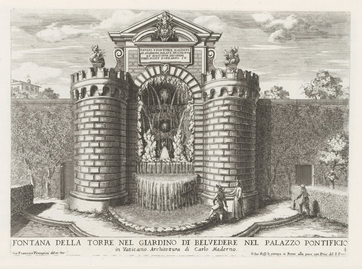 Fontein in de Vaticaanse tuinen Papalık Sarayı'ndaki Belvedere bahçesindeki kule çeşmesi (...) (nesne üzerindeki başlık) Roma saray ve bahçelerindeki çeşmeler (dizi adı) Fonteinen in de paleizen en tuinen van Rome (dizi başlığı) by Giovanni Francesco Venturini