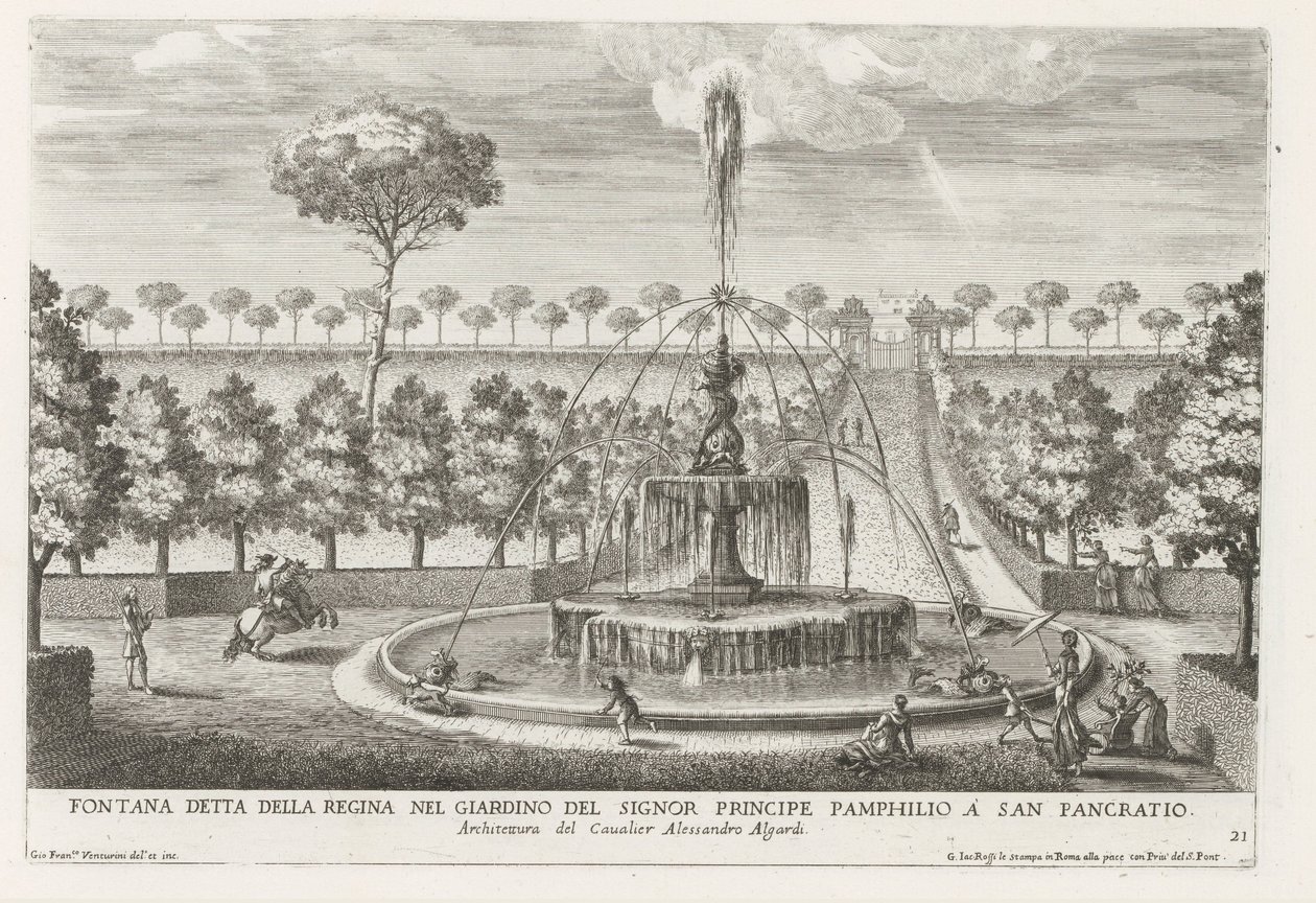 Fontein in de tuinen van Villa Doria Pamphilj te Roma Çeşmesi, San Pancratio'daki Prens Pamphilio'nun bahçesinde kraliçe olarak bilinir (nesne üzerindeki başlık) Roma'nın saray ve bahçelerindeki çeşmeler (serinin adı) Fonteinen in de paleizen e by Giovanni Francesco Venturini
