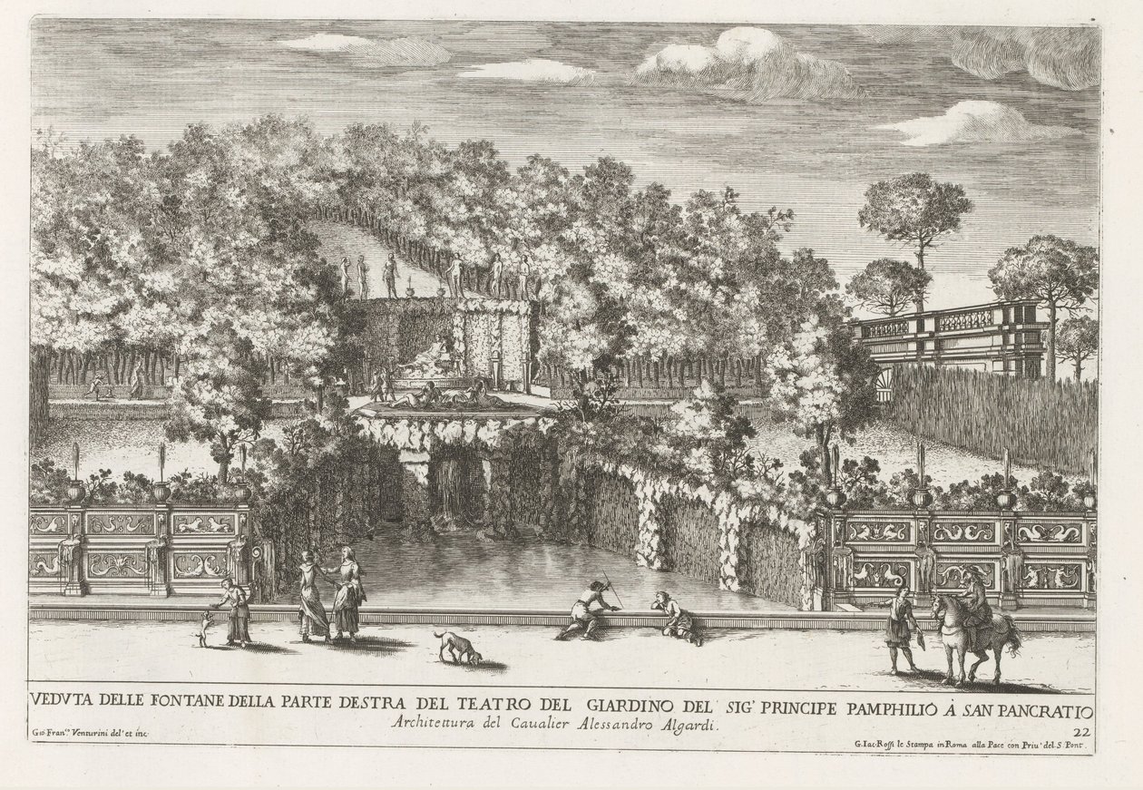 Fontein in de tuinen van Villa Doria Pamphilj te Roma Bahçe tiyatrosunun sağ tarafındaki çeşmelerin görünümü (...) (nesnedeki başlık) Roma