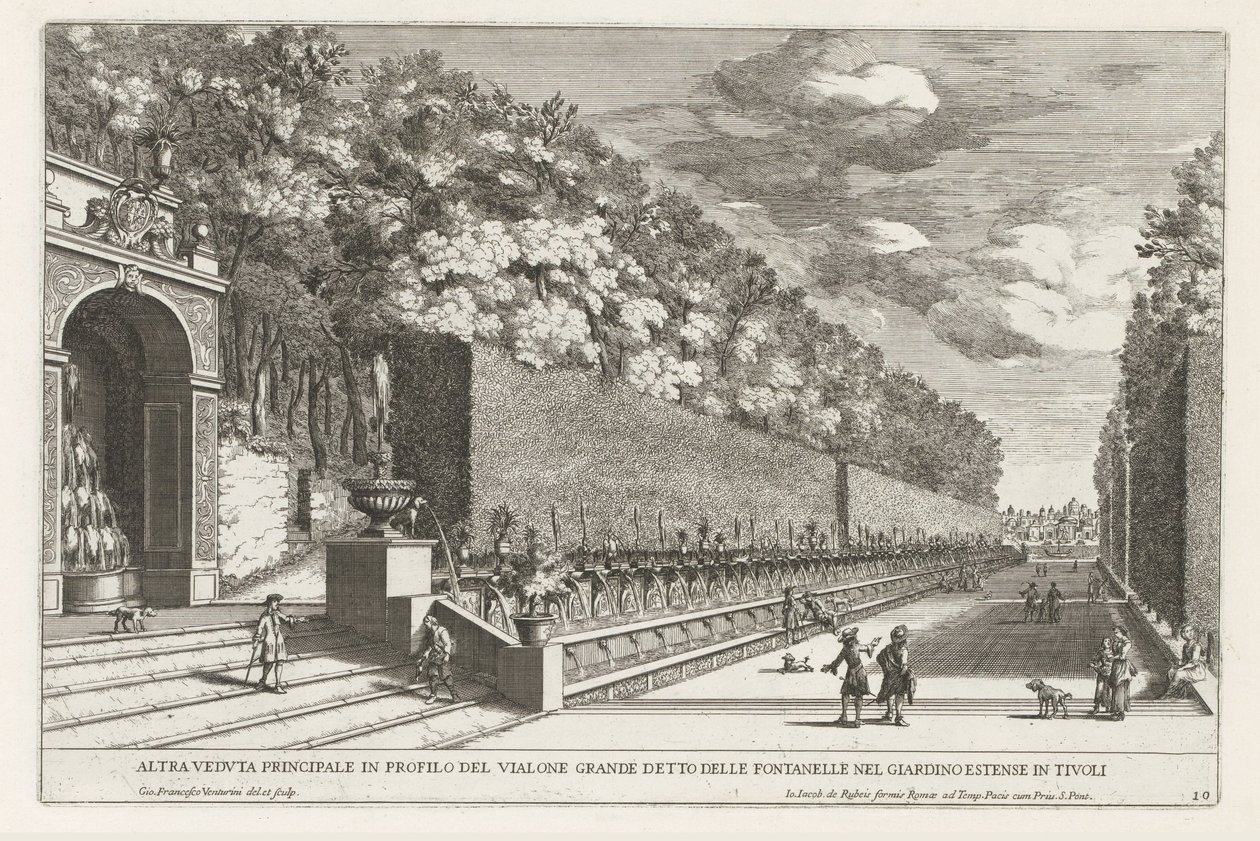 Fontein in de tuinen van de Villa d'Este te Tivoli Fontanelle olarak bilinen geniş caddenin bir başka ana profil görünümü (...) (nesne üzerindeki başlık) Tivoli'deki Estense bahçesinin çeşmeleri (dizi başlığı) Fonteinen in de tuinen van Villa d' by Giovanni Francesco Venturini
