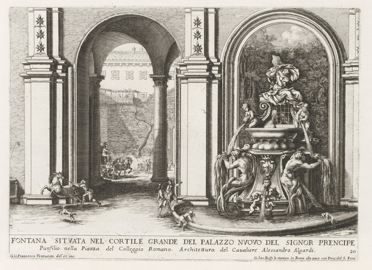 Fontein in een binnenplaats van het Palazzo Doria Pamphilj te Roma Çeşmesi, Palazzo Nuovo del Signor prencipe'nin geniş avlusunda yer almaktadır (...) (nesne üzerindeki başlık) Roma'nın saray ve bahçelerindeki çeşmeler (dizi başlığı) Fonteinen in d by Giovanni Francesco Venturini