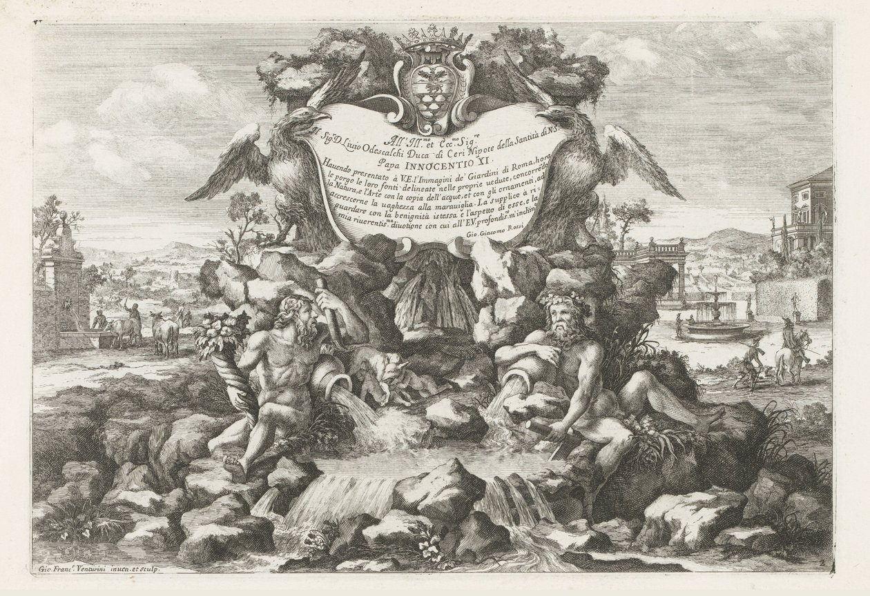 Livio Odescalchi'ye ithaf edilen çeşme ve arması Le fontane ne palazzi e ne giardini di Roma (dizi adı) Roma sarayları ve bahçelerindeki çeşmeler (dizi adı) by Giovanni Francesco Venturini