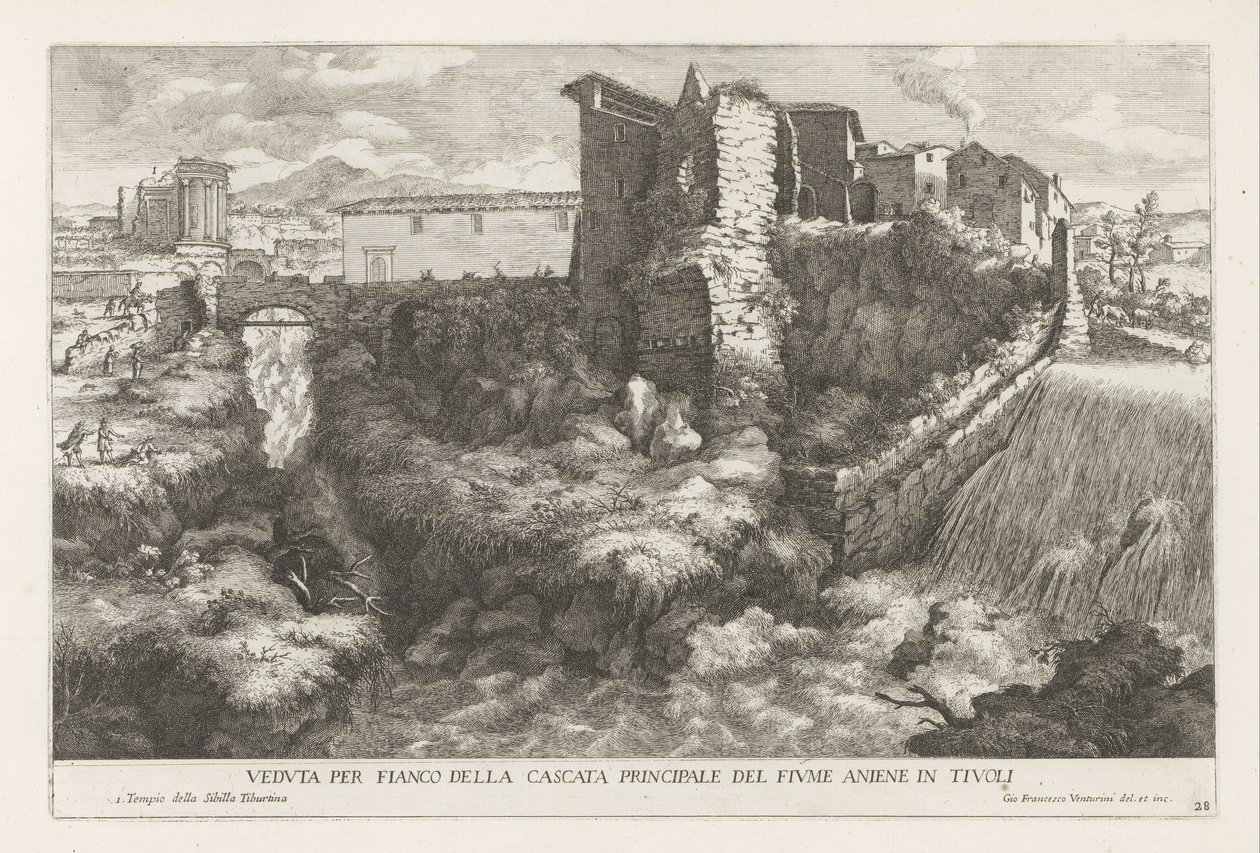 Landschap, waterval en tempel van de Tiburtijnse Sibille t ve Tivoli ile bir araya geldi Tivoli