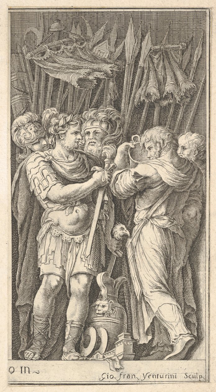 Biri önden gösterilen ve bir kılıç tutan askerler, sağda bir asker..., ca. 1650-1700. by Giovanni Francesco Venturini