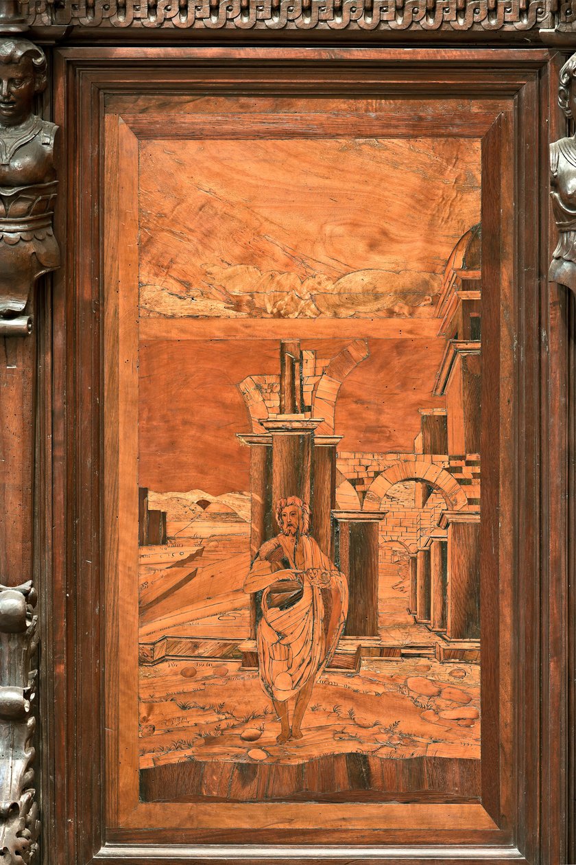 Cenova, Duomo (Aziz Lawrence Katedrali), içeride, apsis, koro, Kuzey tarafı: "Vaftizci vahşi doğada", Giovanni Francesco Zambelli tarafından ahşap kakma (XVI. yüzyıl) by Giovanni Francesco Zambelli