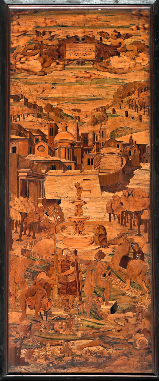Cenova, Duomo (Aziz Lawrence Katedrali), iç kısım, apsis, koro, Güney tarafı: "Alegori", Giovanni Francesco Zambelli tarafından ahşap kakma (XVI. yüzyıl) by Giovanni Francesco Zambelli