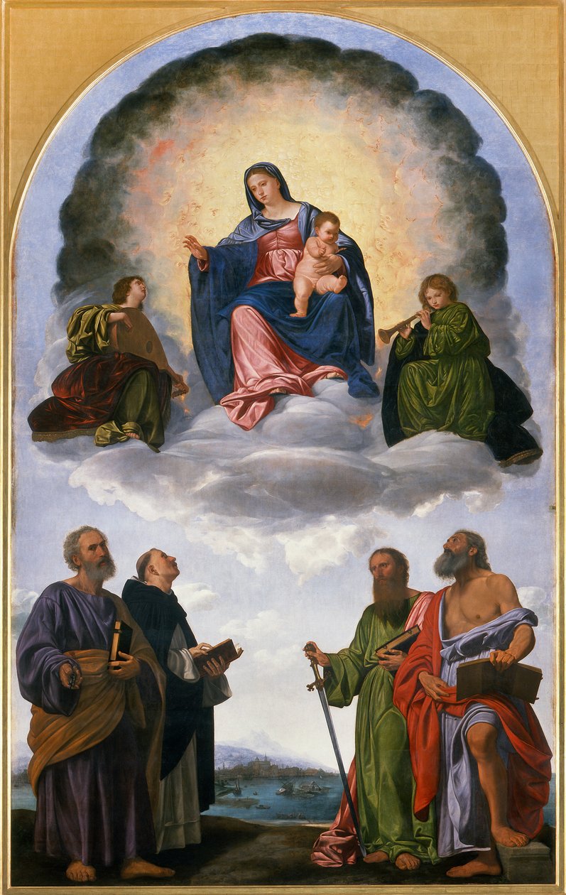 Madonna in Glory with the Christ Child, Two Angels Musicians, St. Peter, St. Dominic, St. Paul ve St. Jerome (Pesaro Altarpiece) by Giovanni Girolamo Savoldo