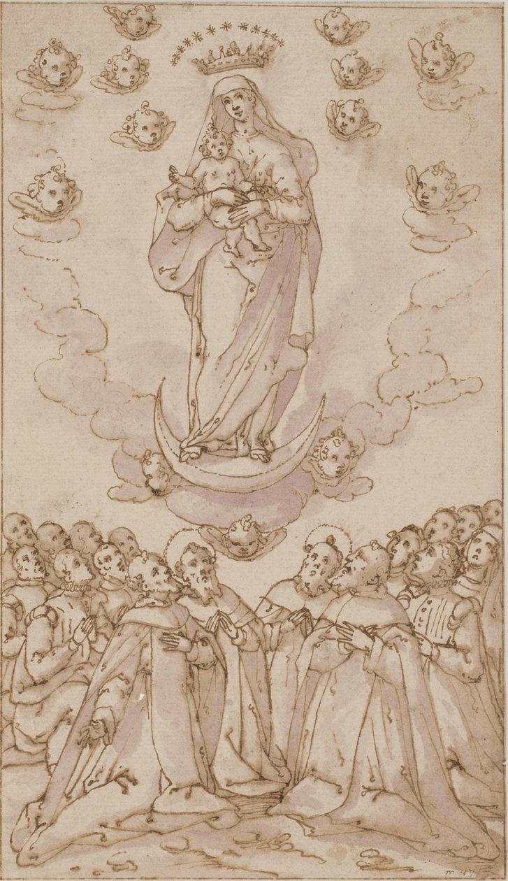 Bir hilalde Madonna ve Çocuk bir grup aziz, rahip ve meslekten olmayan kişiye görünüyor by Giovanni Guerra