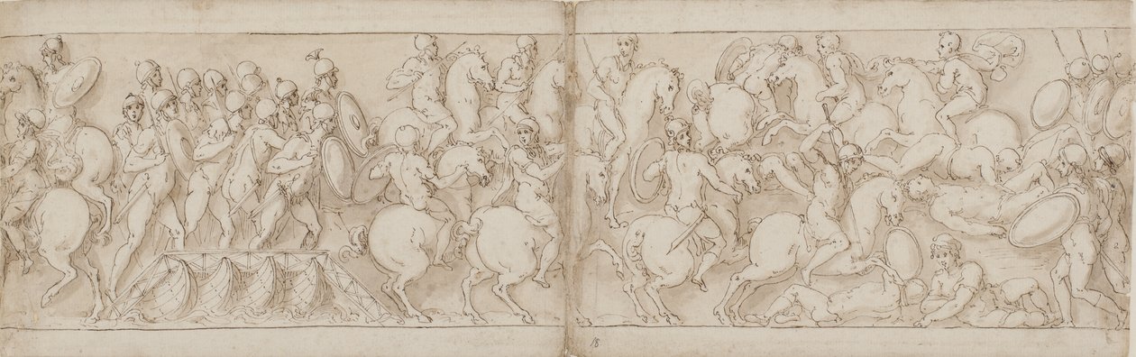 Marcus Aurelius, piyade ve süvarilerle (CVIII) bir rıhtımda yola çıkar; Sarmatyalılar ilerleyen Romalılar tarafından püskürtüldü (CIX) by Giovanni Guerra