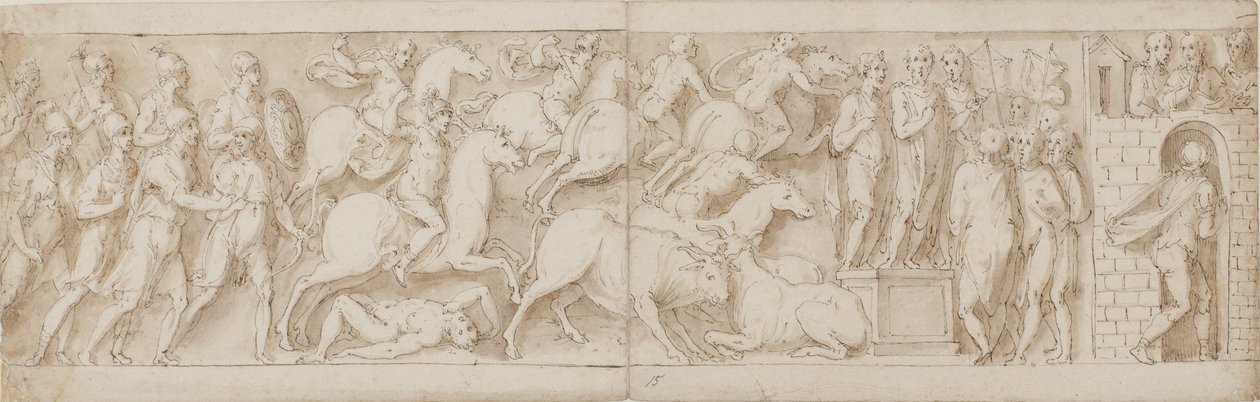 Romalı okçular(?), Romalı saldırı (XCIX); Marcus Aurelius muhafızlarına sesleniyor (C); Marcus Aurelius bir uyarı alıyor (CI) by Giovanni Guerra