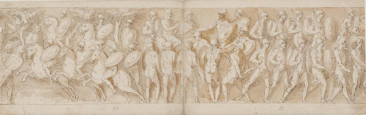 Roma süvarileri (LXV); kopmuş bir kafa (Guerra tarafından mahkum olarak yorumlanır) ve bir Alman mahkum imparatorun (LXVI) önüne getirilir; İlerleyen Romalılar (LXVII) by Giovanni Guerra