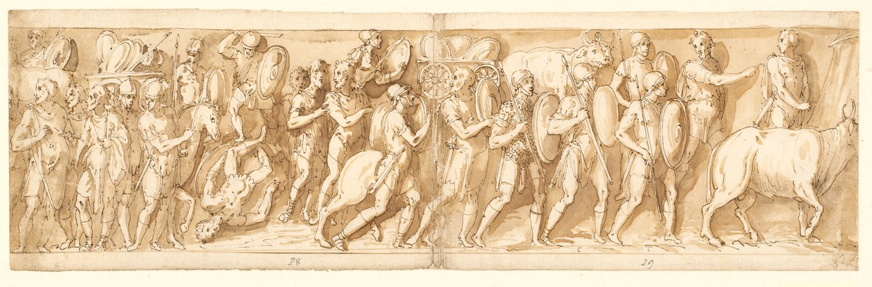 Yürüyüşte Romalılar (XXXVI); Marcus Aurelius, Pompeius ve bir görevli yürüyüşü izliyor (XXXVII); yürüyüşte bir durma (XXXVIII) by Giovanni Guerra