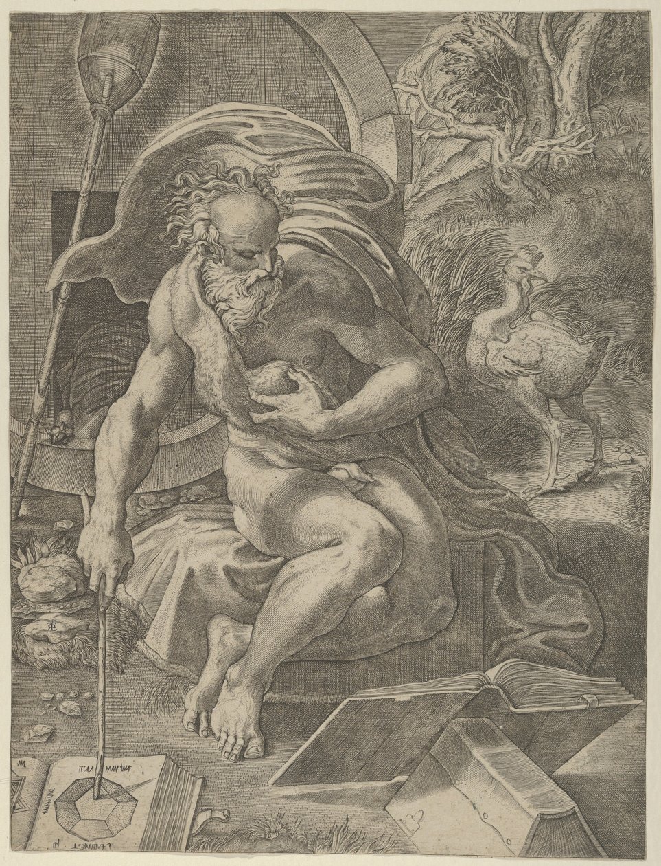 Diogenes namlusunu arkasına alarak oturmuş ve elinde sopayla kitap okumaktadır..., yakl. 1526-27. by Giovanni Jacopo Caraglio