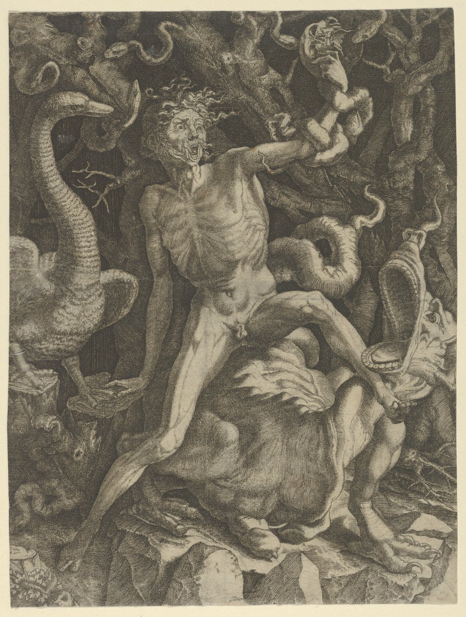 Fury, bir canavara binen, sol elinde bir kafatası tutan yaşlı bir adam olarak kişileştirildi, c..., ca.1520-39. by Giovanni Jacopo Caraglio