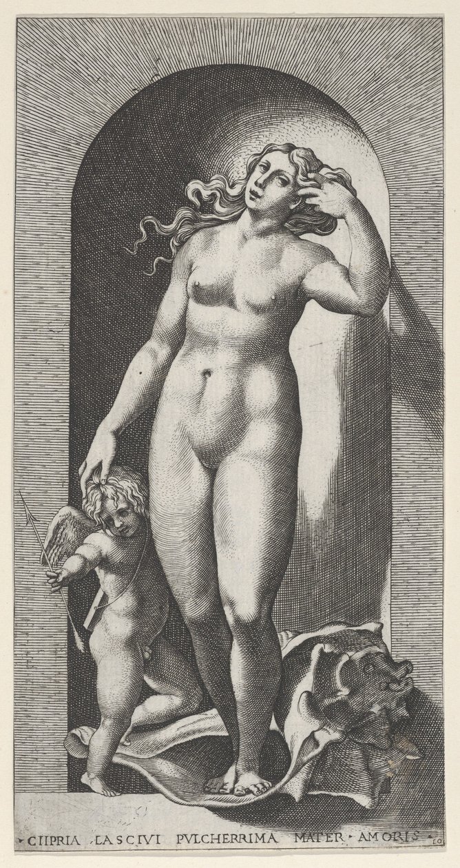 Levha 10: Bir niş içinde Venüs, bir deniz kabuğu üzerinde duran, sağında Cupid ile, bir hizmetten..., 1526. by Giovanni Jacopo Caraglio