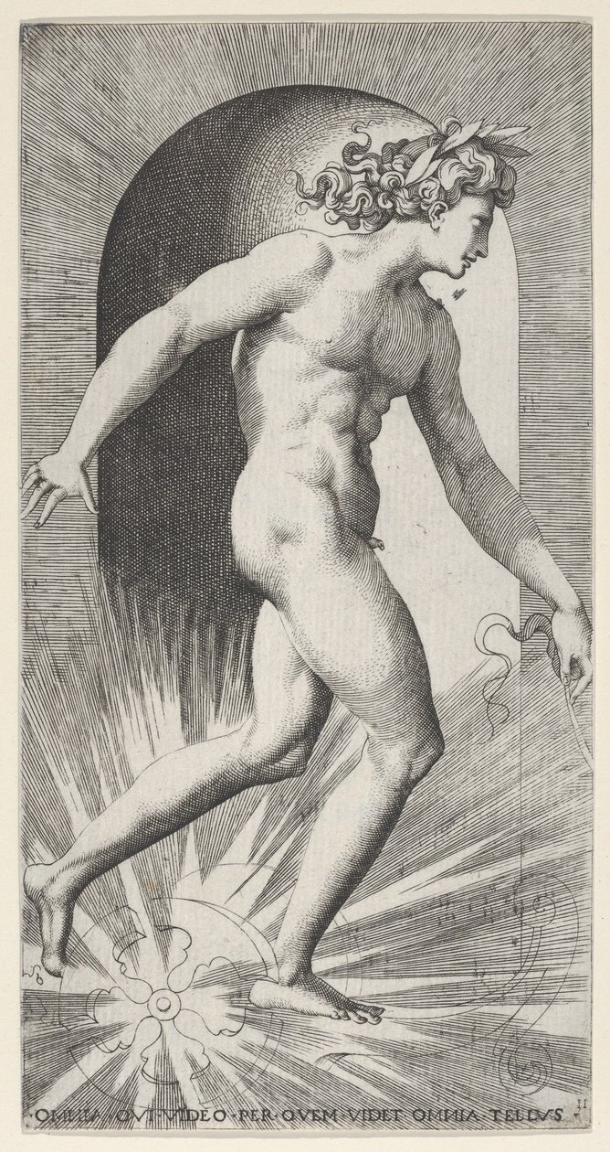 Levha 11: Apollo, bir dizi mitolojik eserden bir niş içinde arabasını sürüyor, sağa bakıyor..., 1526. by Giovanni Jacopo Caraglio