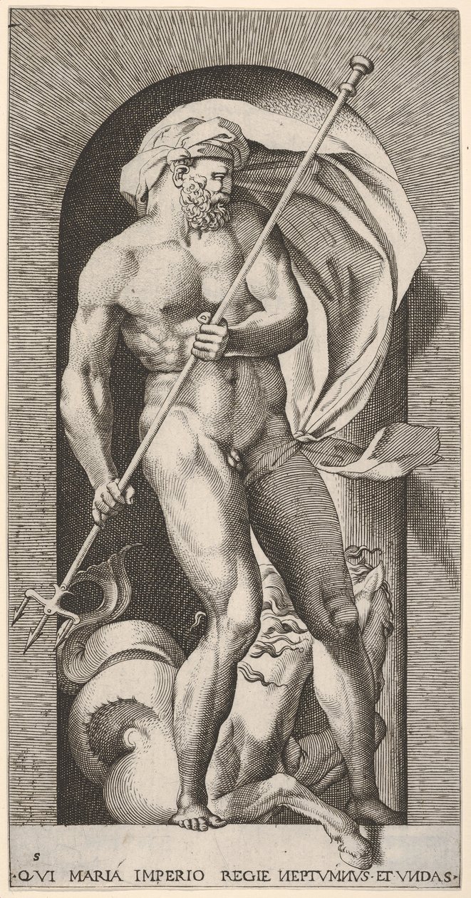 Levha 5: Bir niş içinde duran Neptün, bir trident tutan bir hipokampus denizatı beh..., 1526. by Giovanni Jacopo Caraglio