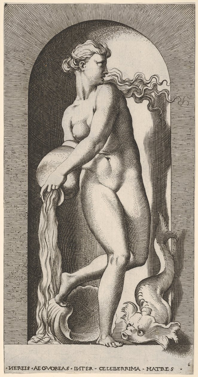 Levha 6: Bir niş içinde deniz kabuğu ve deniz canlısı ile duran Thetis, bir ..., 1526. by Giovanni Jacopo Caraglio