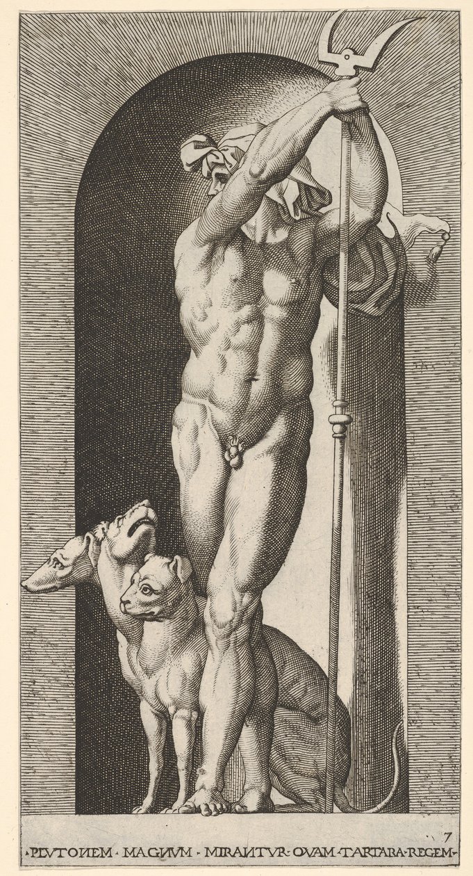 Levha 7: Bir niş içinde Plüton, bir bident tutan, yanında Cerberus ile, bir dizi m..., 1526. by Giovanni Jacopo Caraglio