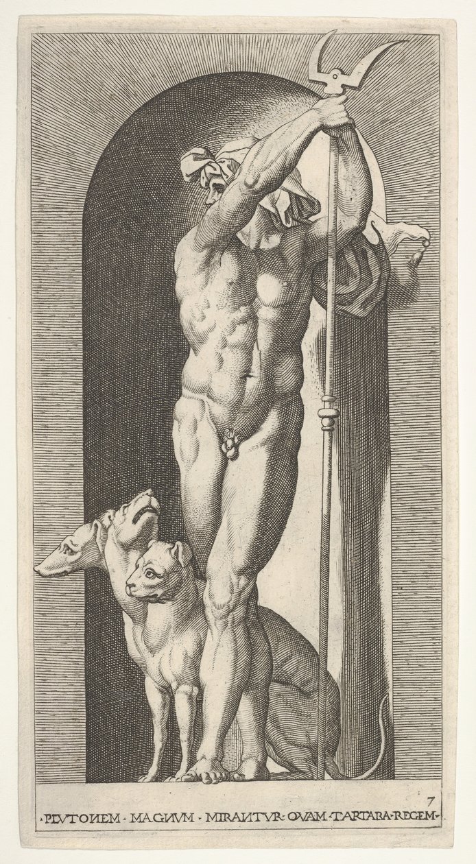Levha 7: Bir niş içinde Plüton, bir bident tutan, yanında Cerberus ile, bir dizi m..., 1526. by Giovanni Jacopo Caraglio