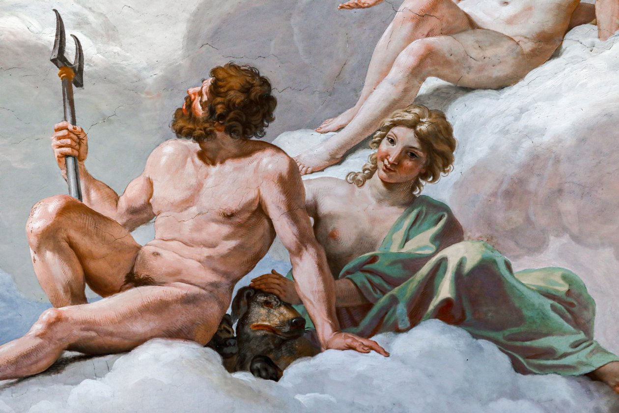 Yeraltı dünyasının tanrısı Plüton ve karısı Prosperine. "Tanrıların Konseyi" 1624-1625 detayı. fresk by Giovanni Lanfranco