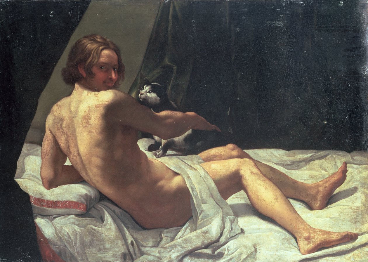 Bir Kediyle Yatakta Yatan Genç Adam, 1620 by Giovanni Lanfranco