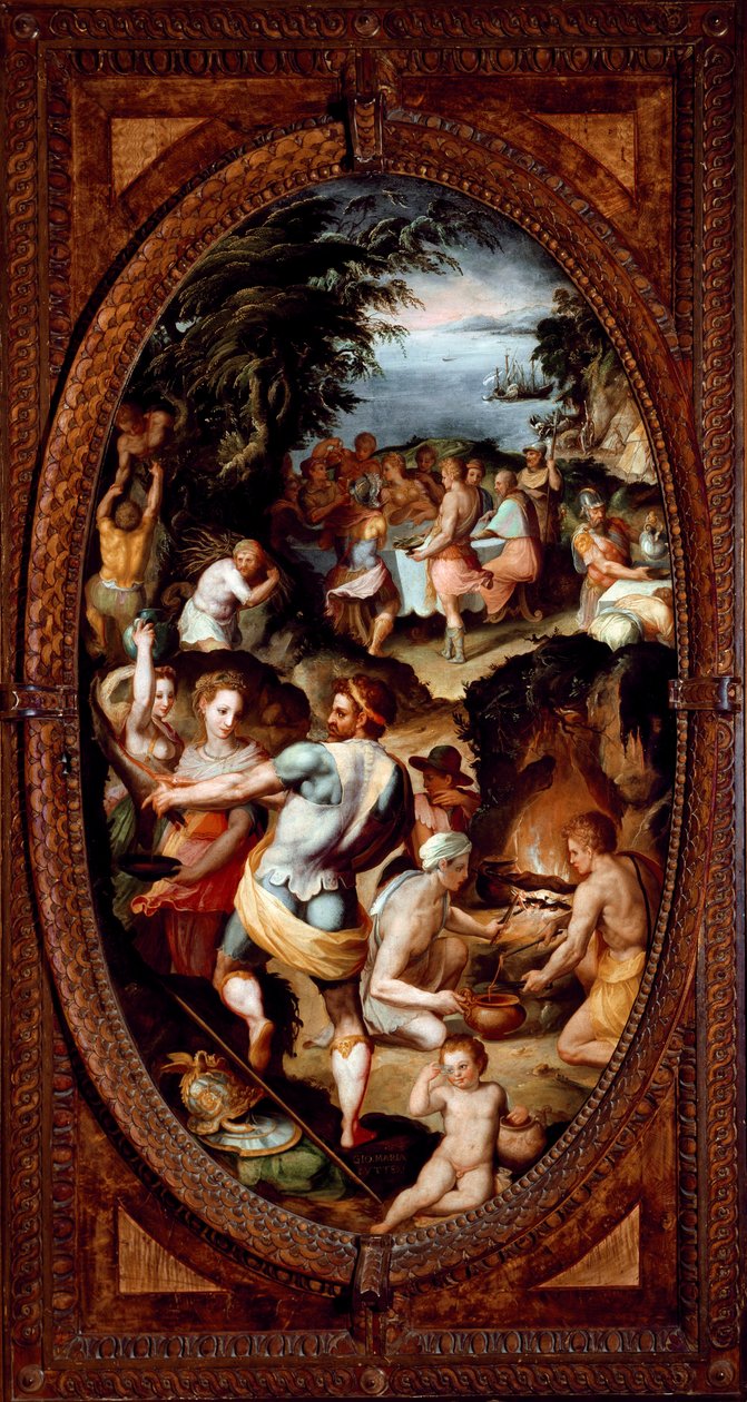 Camın keşfi. Bir ziyafetin hazırlanması. (Tablo by Giovanni Maria Butteri