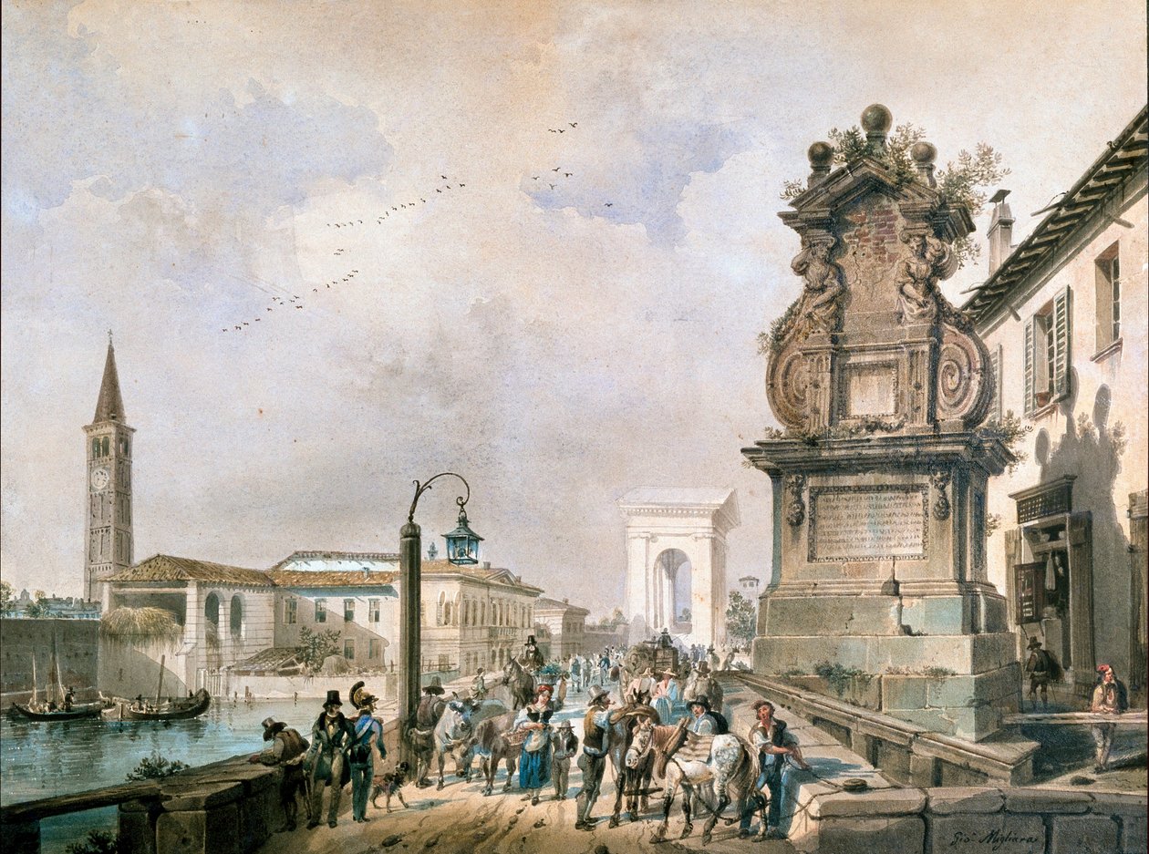 Naviglio Pavese, Milano üzerindeki Trofeo köprüsünün görünümü (suluboya) by Giovanni Migliara