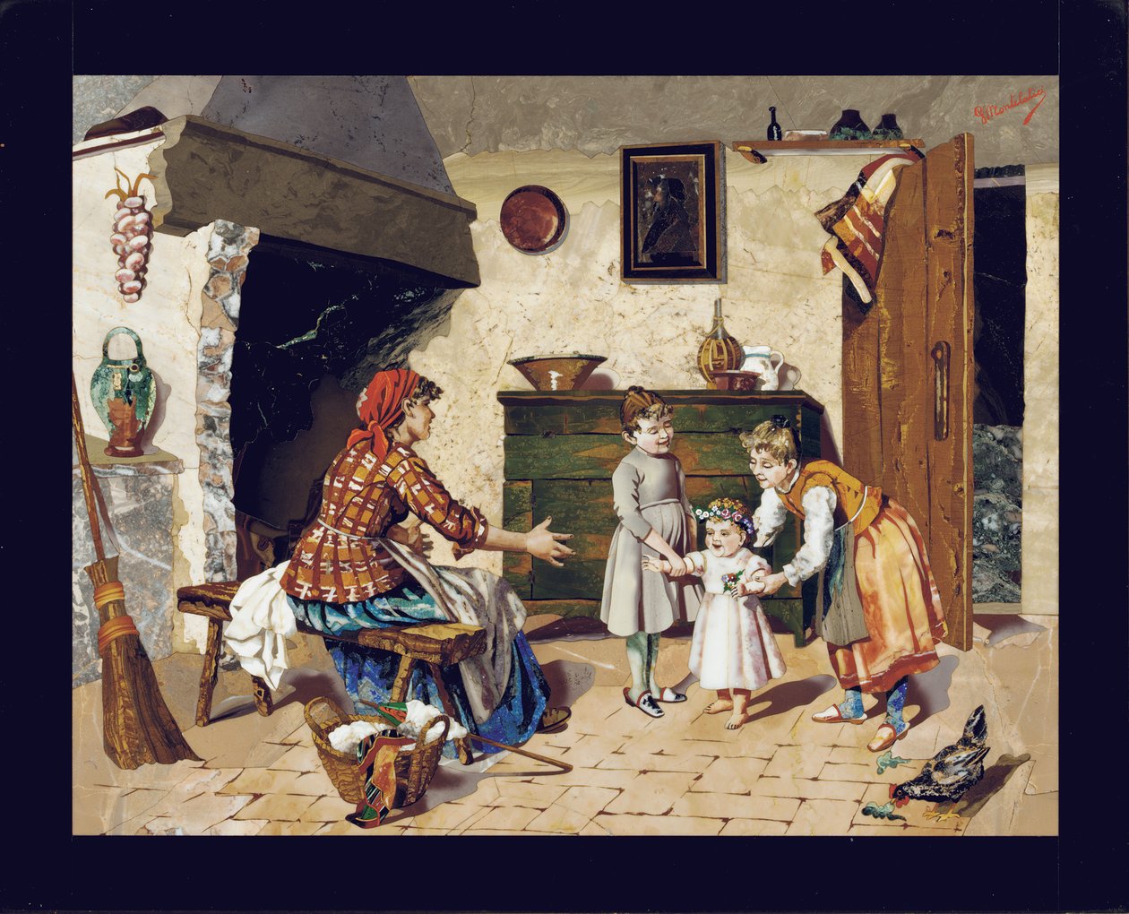 Anne, iki genç kız ve ilk adımlarını atan bir bebekle bir kulübe iç sahnesini gösteren resimli levha, Floransa, c.1900-10 (pietra dura) by Giovanni Montelatici