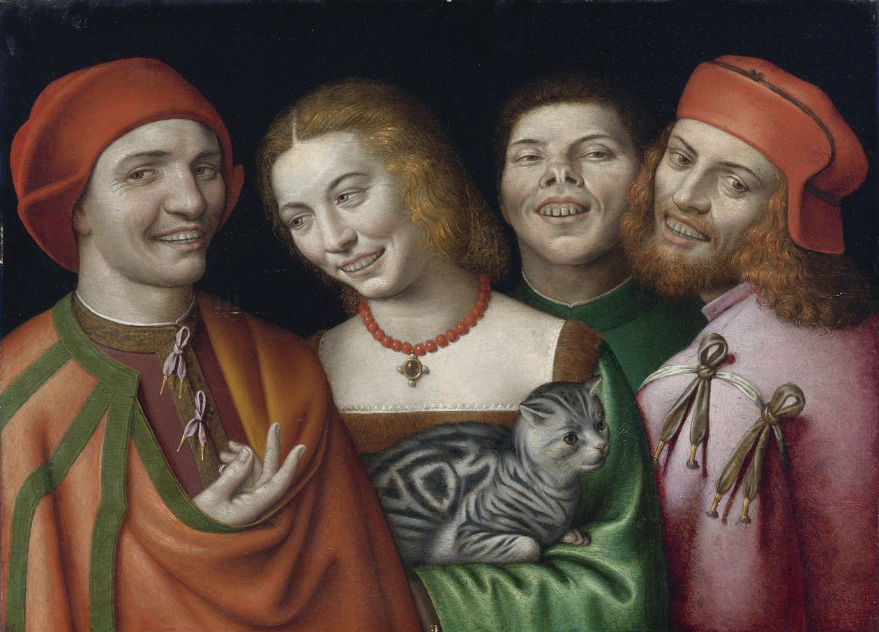 ""Bir kedi tutan üç erkek ve bir kadın portresi"" (Bir kedi tutan bir kadınla üç adam) Tablo Giovanni Paolo Lomazzo (1538-1600) Özel koleksiyon by Giovanni Paolo Lomazzo