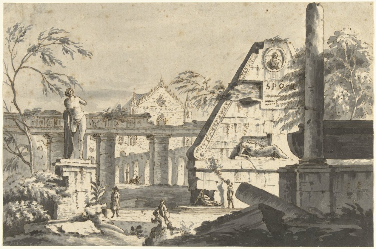Binaların ve heykellerin antik kalıntıları ile manzara by Giovanni Paolo Pannini (possibly)