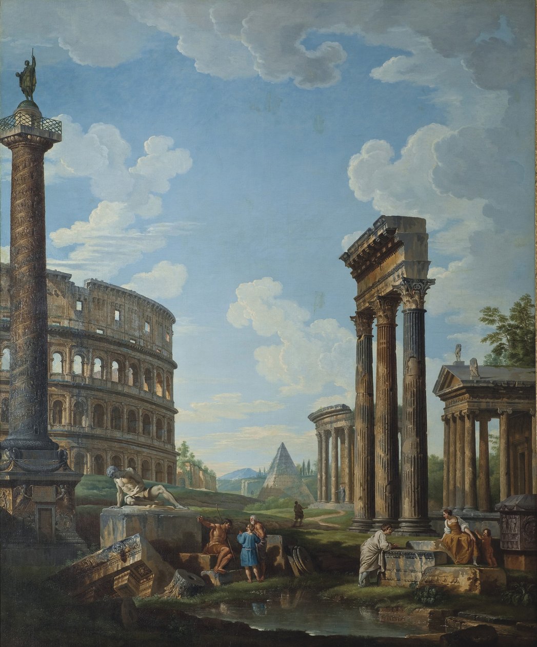 Konstantin Kemeri ve Pantheon dahil olmak üzere Roma kalıntıları arasında figürlü bir capriccio by Giovanni Paolo Pannini