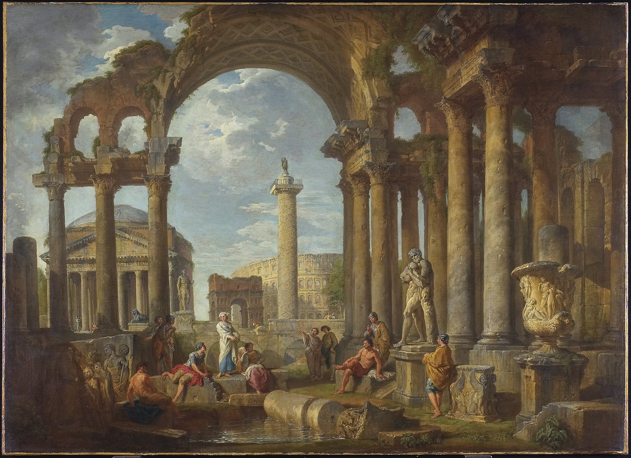 Pantheon ile Roma Harabelerinden A Capriccio, c.1755 by Giovanni Paolo Pannini