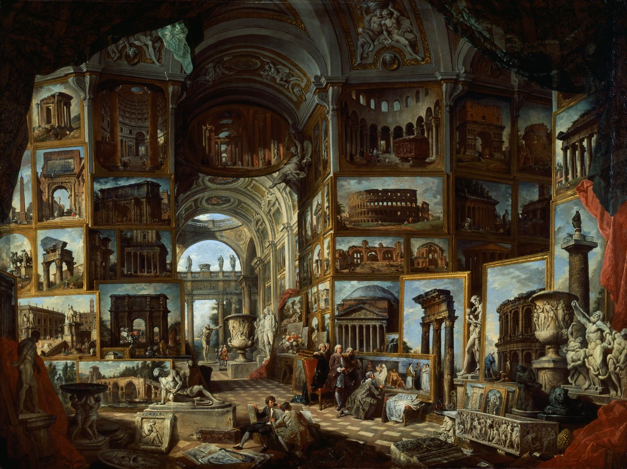 Antik Roma manzaralarının hayali galerisi, yaklaşık 1756, Giovanni Paolo Pannini (1691-1765), tuval üzerine yağlı boya by Giovanni Paolo Pannini