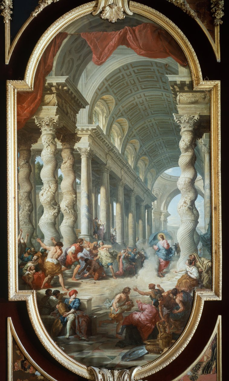 Tapınakta taşlanan İsa, Giovanni Paolo Panini (1691-1765), resim, La Granja Sarayı, Segovia, İspanya. by Giovanni Paolo Pannini