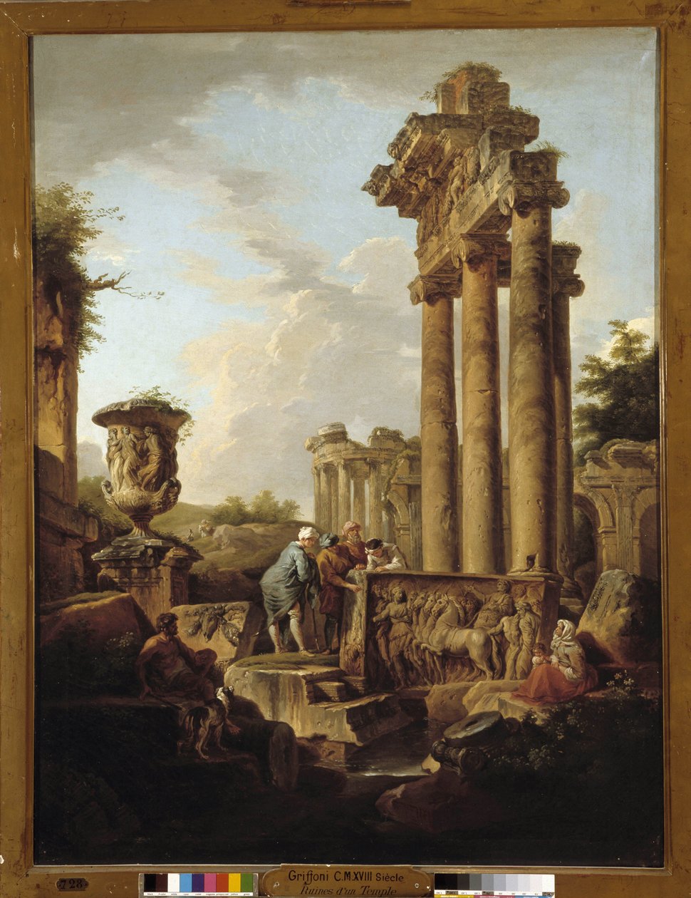 Bir Satürn tapınağının veya "arkeolog"un (tuval üzerine yağlı boya) kalıntılarıyla Roma harabelerinin manzarası by Giovanni Paolo Pannini