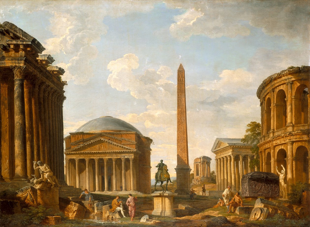 Roman Capriccio: Pantheon ve Diğer Anıtlar (tuval üzerine yağlı boya) by Giovanni Paolo Pannini
