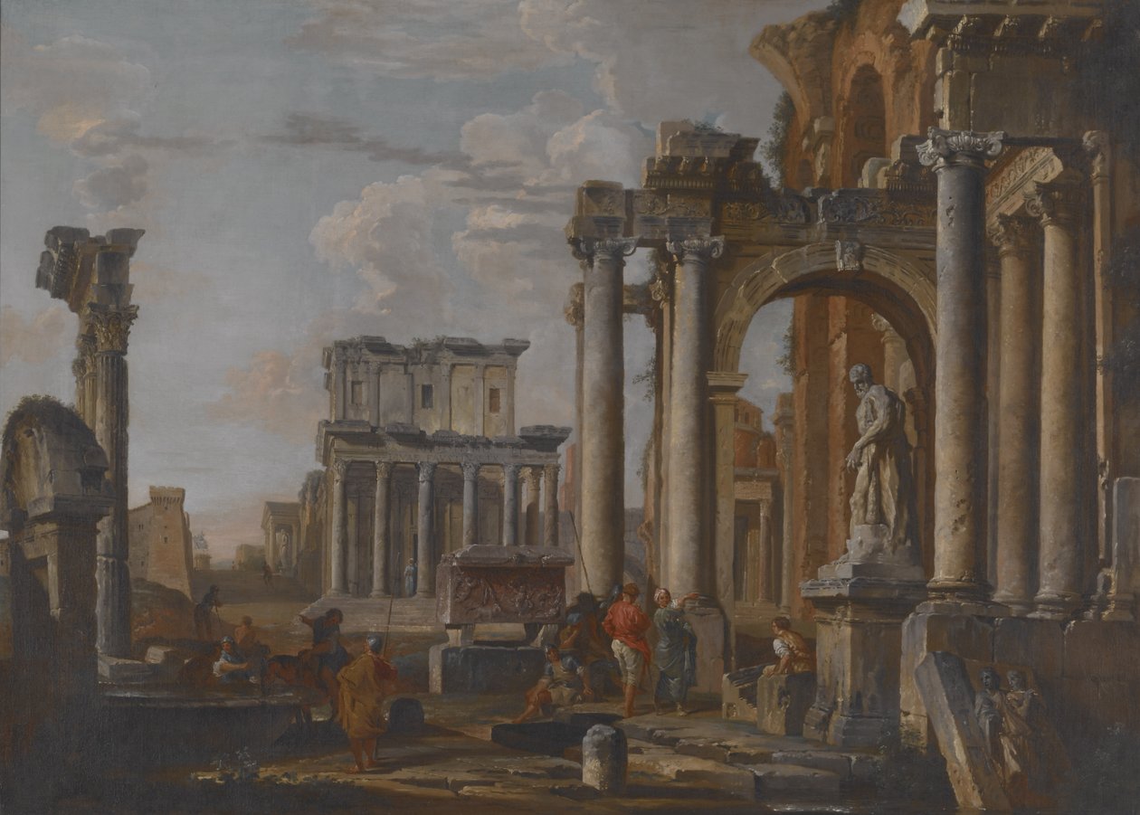 Antonius ve Faustina Tapınağı ile Harabeler, c.1727-30 (tuval üzerine yağlı boya) by Giovanni Paolo Pannini