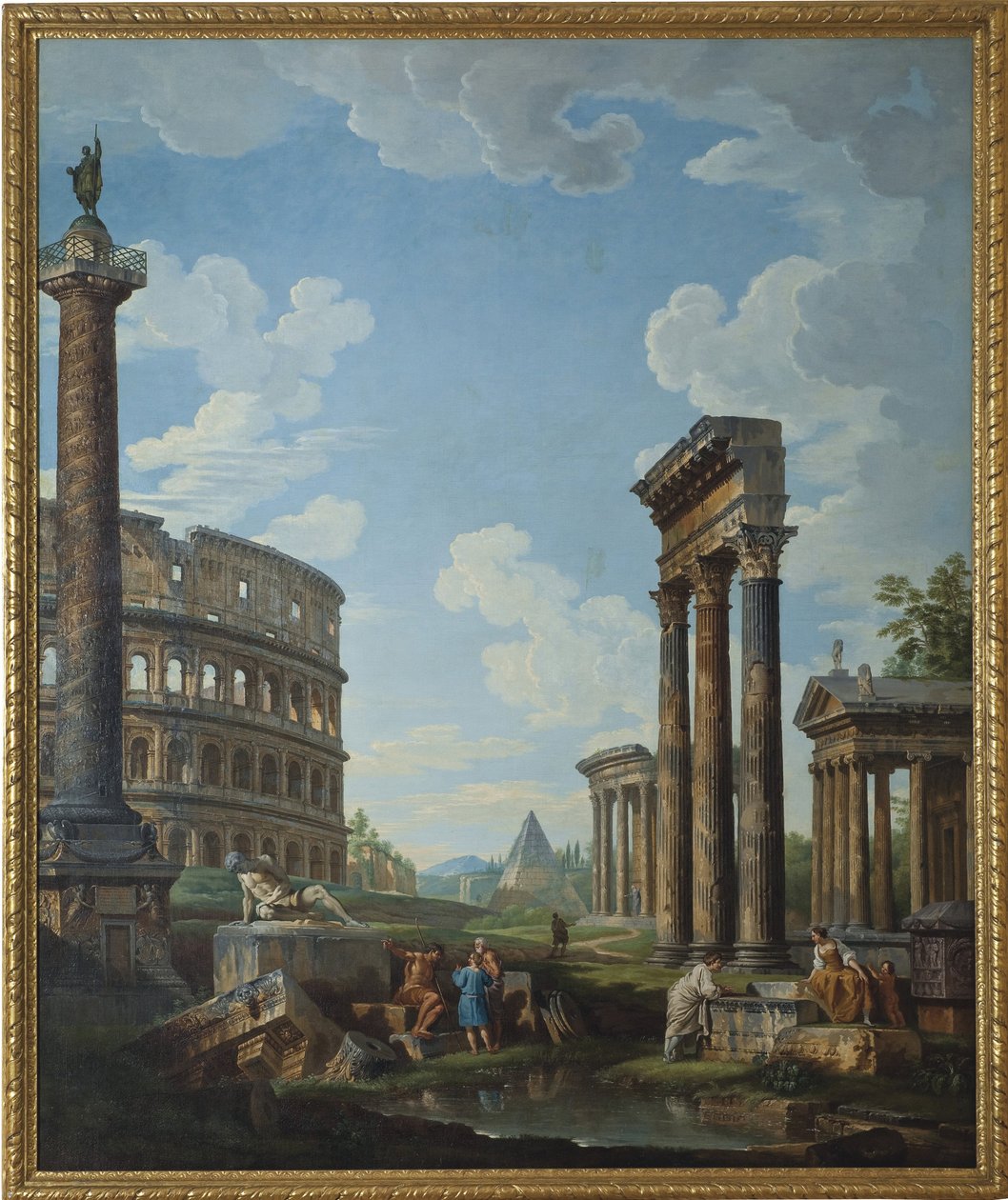 Konstantin Kemeri ve Panteon, Kolezyum ve Trajan Sütunu (Trajan Sütunu veya Colonna Traiana) dahil olmak üzere Roma Harabelerinde Figürlü Bir Capriccio - Resim Giovanni Paolo Panini (Pannini) (1691-1765), tuval üzerine yağlıboya, 210.8 x1 by Giovanni Paolo Pannini