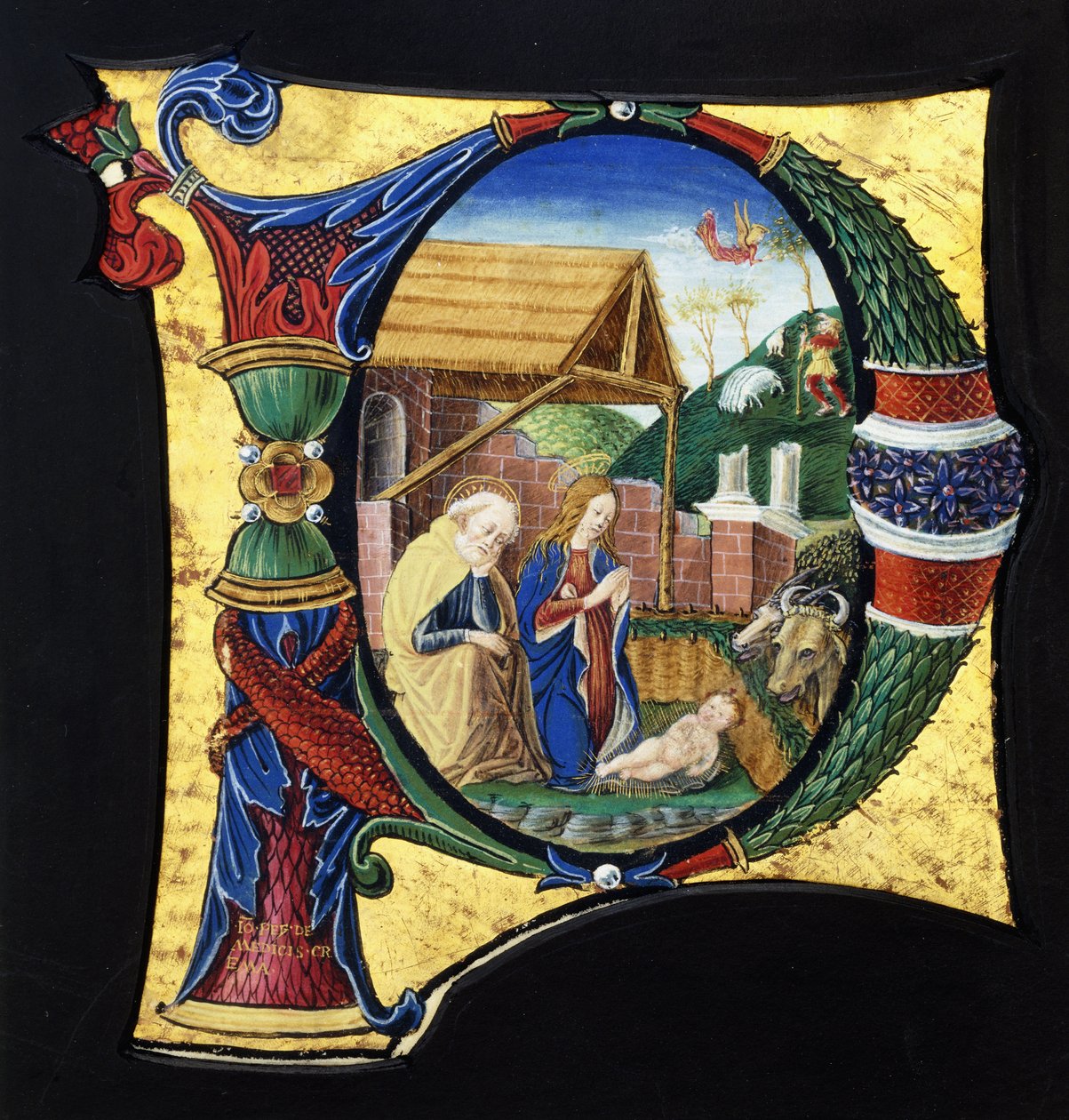 Bir Doğuş sahnesini betimleyen, tarihi geçmişe sahip büyük bir ilk "P", c.1490 by Giovanni Pietro Medici Da Crema