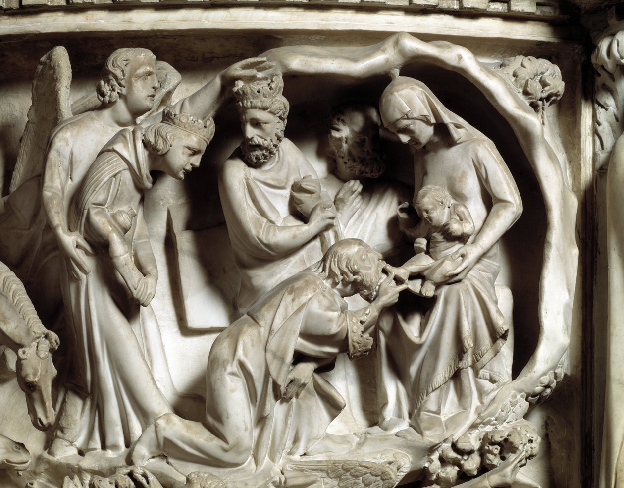 Giovanni Pisano (1248-1314) tarafından gerçekleştirilen Sandalye kabartmalarının detayı: Mermer minber kabartmalarının detayı, magi 1302-1311 Pisa Katedrali (Duomo di Pisa), İtalya by Giovanni Pisano