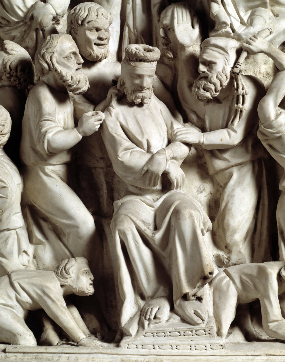 Giovanni Pisano (1248-1314) tarafından gerçekleştirilen Sandalye kabartmalarının detayı: Mermer minber kabartmalarının detayı, İsa alay etti 1302-1311 Pisa Katedrali (Duomo di Pisa), İtalya by Giovanni Pisano