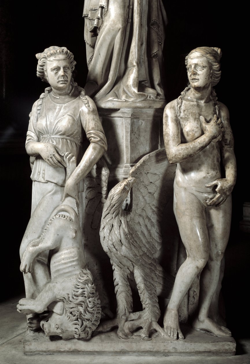 Giovanni Pisano (1248-1314) tarafından gerçekleştirilen Sandalyeyi destekleyen heykel gruplarının detayı: iki ana erdem (Mermer minberi destekleyen heykellerin detayı, iki ana erdem) 1302-1311 Cathedrale de Pisa (Duomo di Pisa), İtalya by Giovanni Pisano