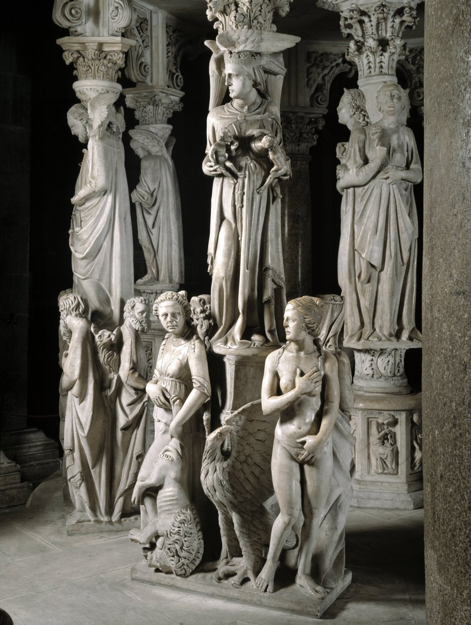 Giovanni Pisano (1248-1314) tarafından gerçekleştirilen Sandalyeyi destekleyen yontulmuş grupların detayı: Kilise çocuklarını besliyor ve dört ana erdemden ikisini (Mermer minberi destekleyen heykellerin detayı, Kilise çocuklarını ve iki kardinayı besliyor by Giovanni Pisano