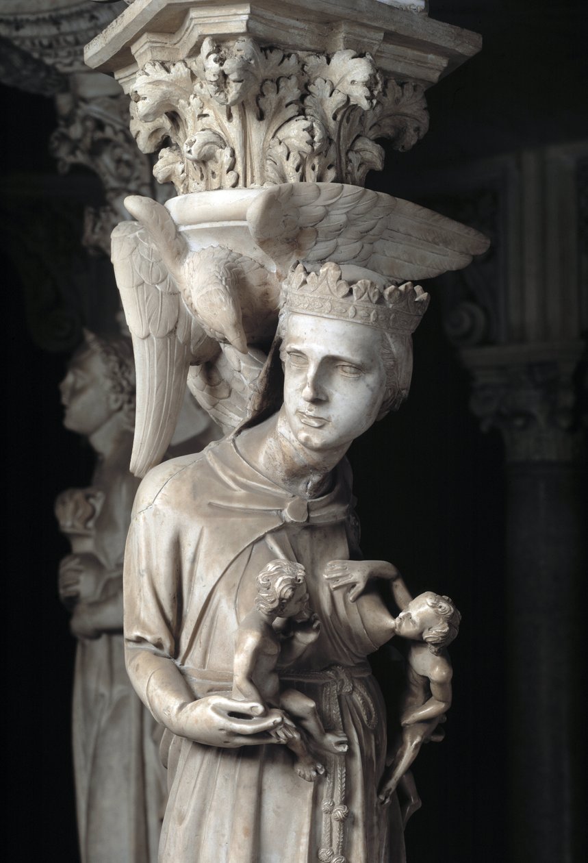 Giovanni Pisano (1248-1314) tarafından gerçekleştirilen Sandalyeyi destekleyen heykel gruplarının detayı: Çocuklarını besleyen Kilise (Mermer minberi destekleyen heykellerin detayı, Kilise çocuklarını besliyor) 1302-1311 Cathedrale de Pisa (Duomo di Pis) by Giovanni Pisano