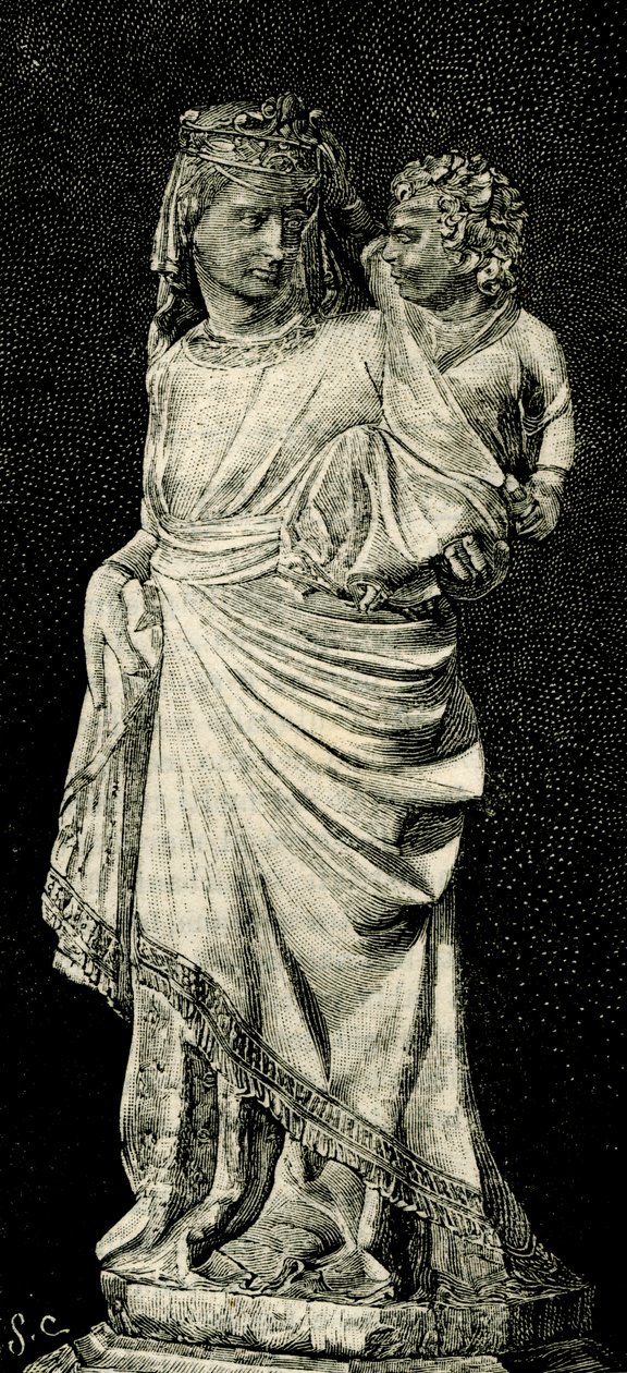 Madonna ve Çocuk, Giovanni Pisano'nun heykeli (yaklaşık 1240-ca 1320), Prato katedrali, Toskana, İtalya, Le cento citta d'Italia'dan gravür (Yüz İtalyan kasabası), resimli Il Secolo'nun aylık Eki, Milano, 31 Ekim by Giovanni Pisano