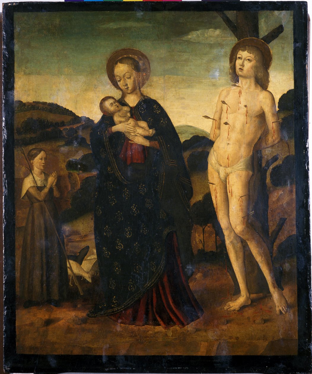 Aziz Sebastian ve bir Çoban ile Madonna ve Çocuk (kavak ağacı üzerinde tempera) by Giovanni Santi or Sanzio