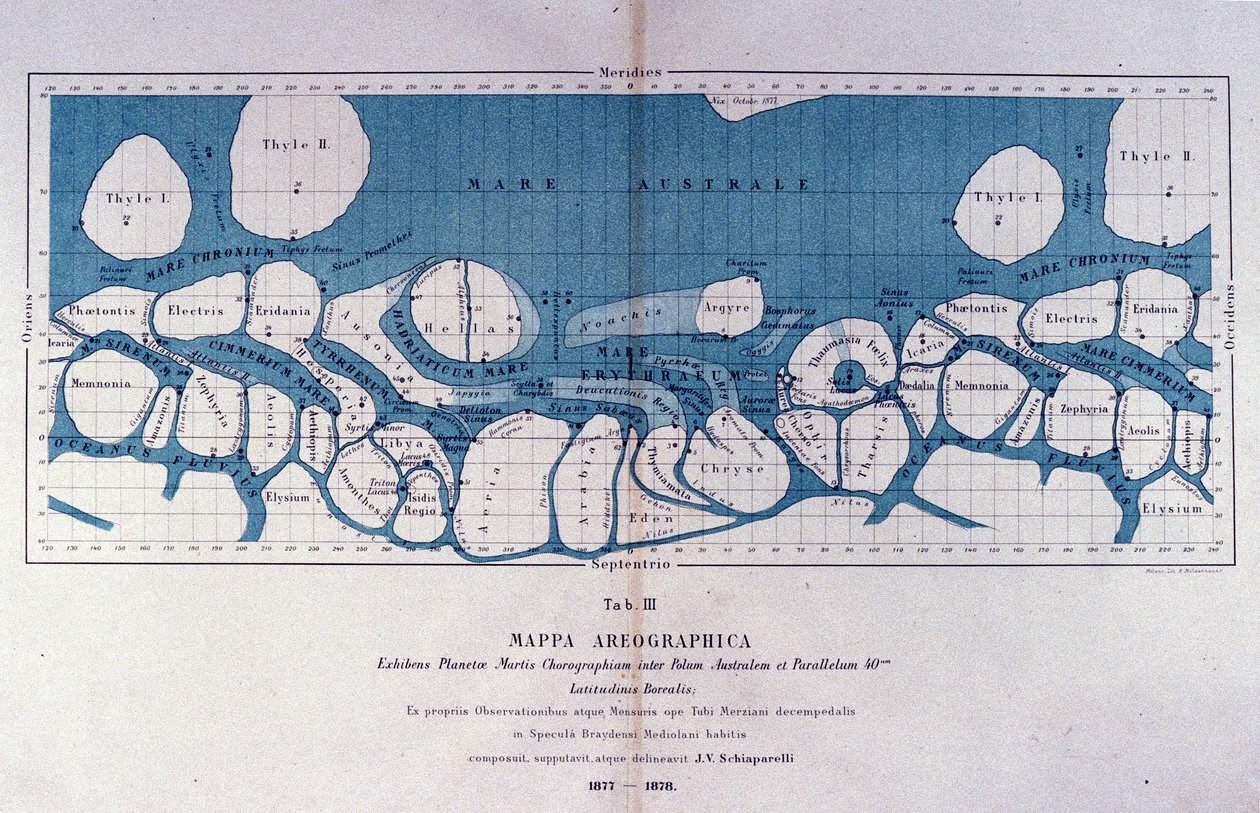 Mars gezegeninin haritası, Giovanni Virginio Schiaparelli (1835-1910) astrofizikçisi tarafından. Mars kanalları (canali) olarak adlandırdığı Mars gezegeninde doğrusal konfigürasyonlar gözlemledi. 1877-1878 by Giovanni Schiaparelli