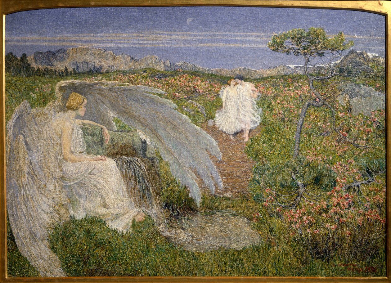 Aşkın Kaynağı Yaşam: Rüya gibi bir manzarada yürüyen bir çifti izleyen bir melek by Giovanni Segantini